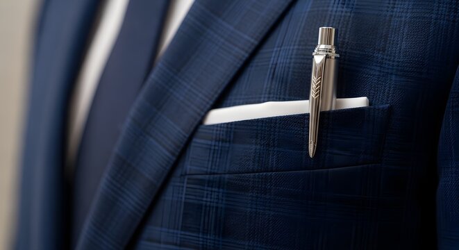 Closeup of a luxury silver pen in the breast pocket of a blue plaid suit jacket with a white pocket square