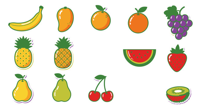 Colorful cartoon fruits icons set.