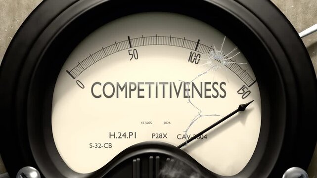 Competitiveness meter showing big levels of competitiveness. Dangerously increasing high values of competitiveness, critical overload. Too much, off the charts. Max competitiveness