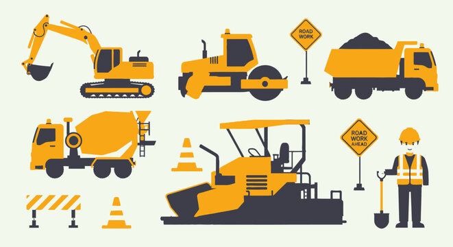 Construction vehicles and worker equipment.