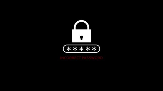 Inter incorrect password icon sign animation on a black background, typing wrong password interface animated with alpha channel.