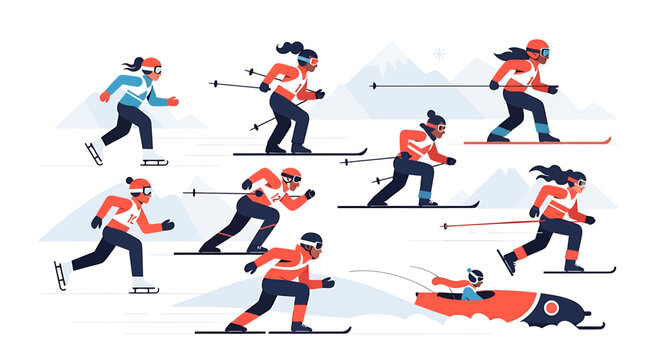 Winter sports athletes action illustrations skiing skating bobsledding snowy mountain landscape isolated graphic elements