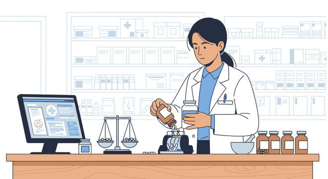 Female pharmacist working at counter.