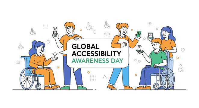 Global accessibility awareness day illustration diverse people smartphones wheelchairs vector