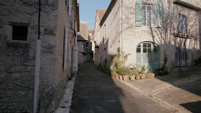 Potted plants and stone facades with shutters along a quiet lane in the medieval Bastide d'Issigeac, Dordogne. Daylight brightens the narrow residential passage.