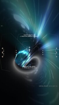 Vertical 4k high-tech visualization of a particle accelerator. Perfect for quantum physics, nuclear research, and future technology documentaries.