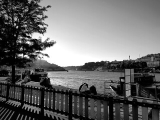 Obraz premium Black and white riverside scene in Porto with wooden fence, moored boats, tree silhouette and city hillside reflected in Douro River at dusk. Classic moody European waterfront.