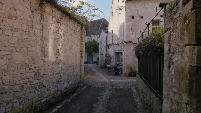 Ancient masonry houses and a peaceful cobblestone path through the historic village of Issigeac, Dordogne, France. Plants grow alongside old stone walls in the village center.