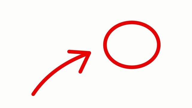 Red arrow pointing to red circle on white background animation