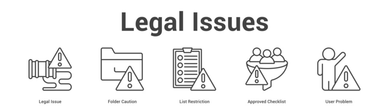 Legal Issues web banner icon set vector illustration concept for business with icon of Legal Issue, Folder Caution, List Restriction, Approved Checkli.