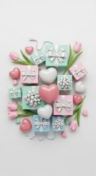 Pastel gifts hearts tulips white background mothers day mother's day background wallpaper poster banner download 2026 2027