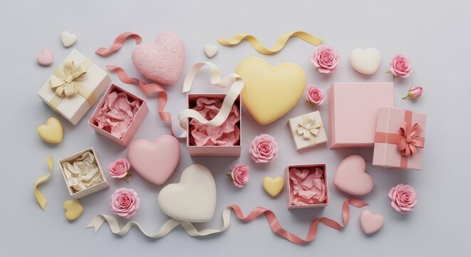 Pastel hearts gifts and roses on gray background mother's day background wallpaper poster banner download 2026 2027