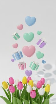 Pastel hearts gifts floating above tulips mothers day background mother's day background wallpaper poster banner download 2026 2027