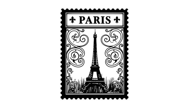 Paris Eiffel Tower vintage black and white postage stamp illustration