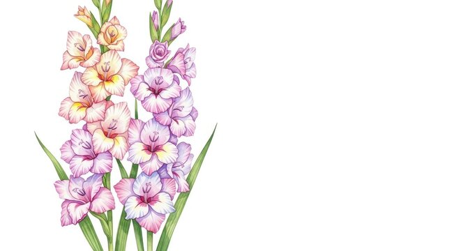 Pastel watercolor gladiolus flowers in pink purple and yellow mother's day background wallpaper poster banner download 2026 2027