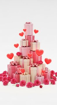 Pink and beige gift boxes with pink ribbons and bows surrounded by roses and hearts mother's day background wallpaper poster banner download 2026 2027