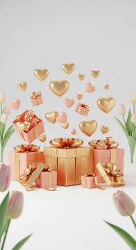 Pink and gold gifts and hearts floating around tulips mother's day background wallpaper poster banner download 2026 2027