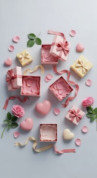 Pink and gold gift boxes with hearts flowers on gray background mothers day mother's day background wallpaper poster banner download 2026 2027