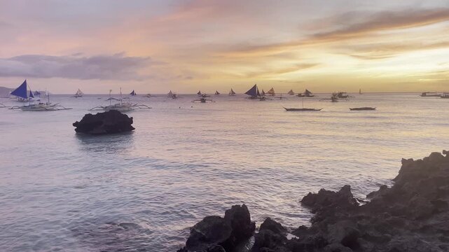 Boracay Sunset Reflection On Beach With Sailboats And Tropical Shoreline Philippines Travel Scene
