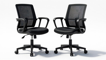 Obraz premium Two black mesh office chairs with adjustable height and wheels on a white background