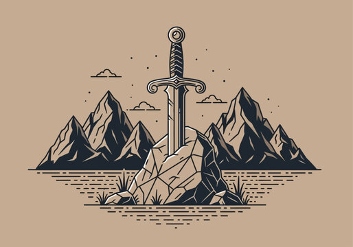 Legendary Sword in the Stone Illustration - Minimalist Medieval Fantasy Vector with Mountains and Adventure Theme
