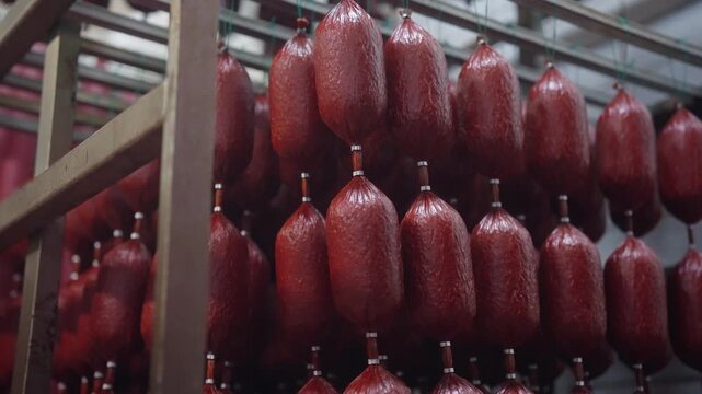 Industrial sausage production in meat processing factory, hanging salami on racks