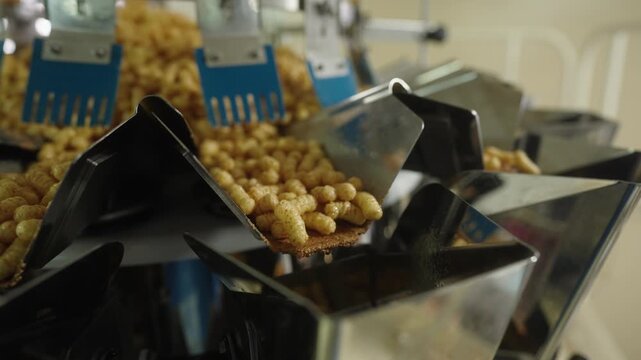 Snack production line sorting puffed corn snacks in food factory, industrial processing machine.