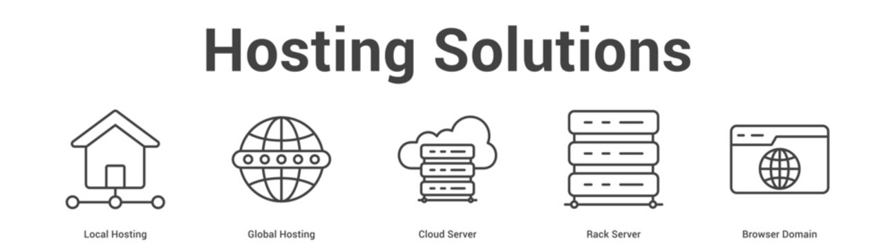 Hosting Solutions web banner icon set vector illustration concept for business with icon of Local Hosting, Global Hosting, Cloud Server, Rack Serv.