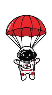 Kawaii cartoon astronaut floating with a red parachute, space exploration character.