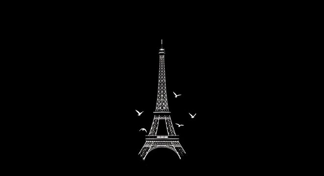 Monochrome illustration of a famous tower with birds flying against a stark black backdrop