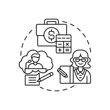 Secretary treasurer concept icon. Company top management jobs. Controlling all company budget activities. Finance idea thin line illustration. Vector isolated outline RGB color drawing