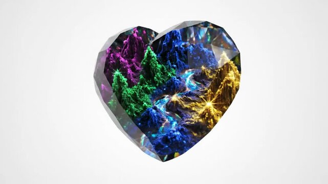 Heart-shaped crystal gemstone with multicolored landscape inside against white background, abstract design