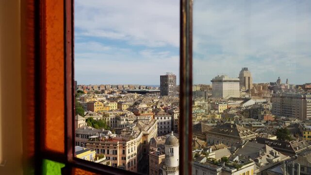 Genoa Cityscape Reveal Through Vintage Stained Glass Window, Italy travel destination