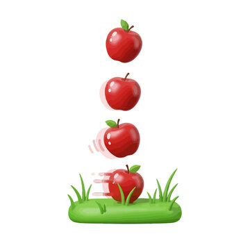 A bright red fruit falling down onto a patch of green grass in a garden