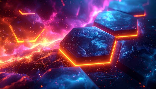 Hexagons float amidst glowing, nebulous clouds in a sci-fi landscape; vibrant color palette, futuristic