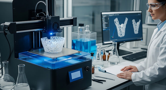 Innovative stereolithography 3D printing process manufacturing a white lattice structured orthopedic medical implant prototype using advanced additive manufacturing technology.