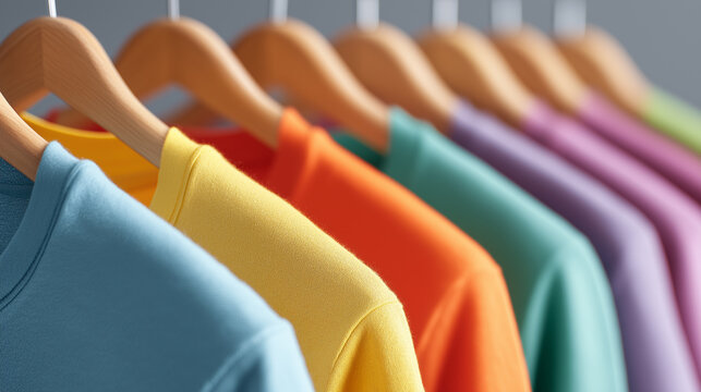 Close-up of colorful t-shirts on hangers, Bright multi-colored t-shirts on wooden hangers in a row, concept of organized clothing storage, generative ai