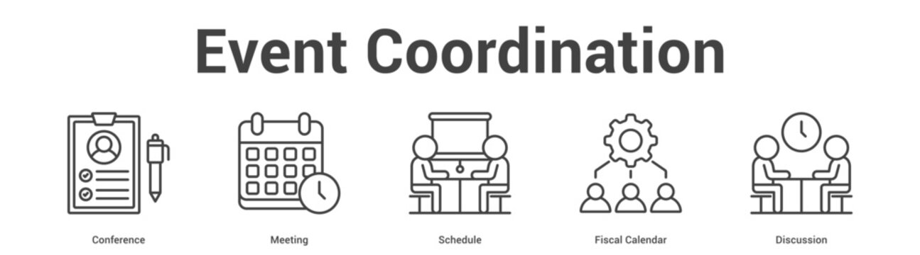 Event Coordination web banner icon set vector illustration concept for business with icon of Conference, Meeting, Schedule, Fis.