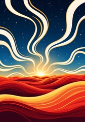 Fototapeta premium Vibrant sunset over wavy desert landscape with abstract swirling lines, artistic abstract style, celestial night sky with stars