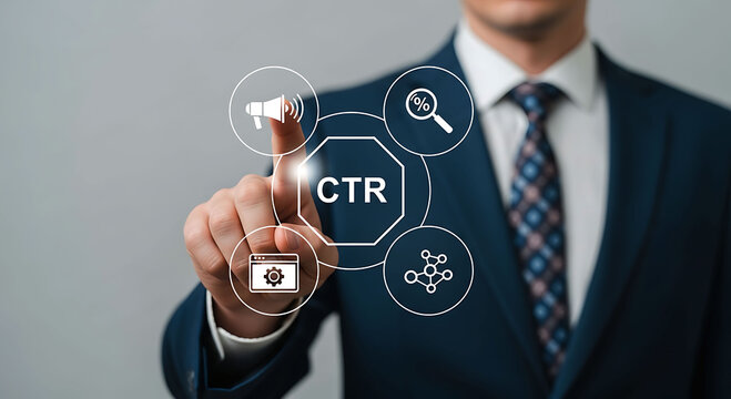 Businessman Touching CTR Virtual Screen for Digital Marketing and Click Through Rate
