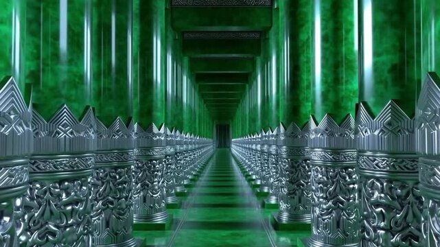 メタバース背景向けの銀の装甲を持つ翡翠の神殿の列柱