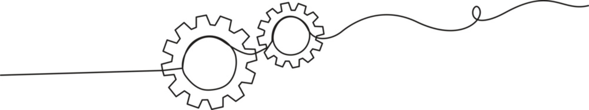 Simple continuous one line drawing of three interlocking gears or cogs. Minimalist technology, process, and engineering vector illustration. Illustration of three interlocking gears of different sizes