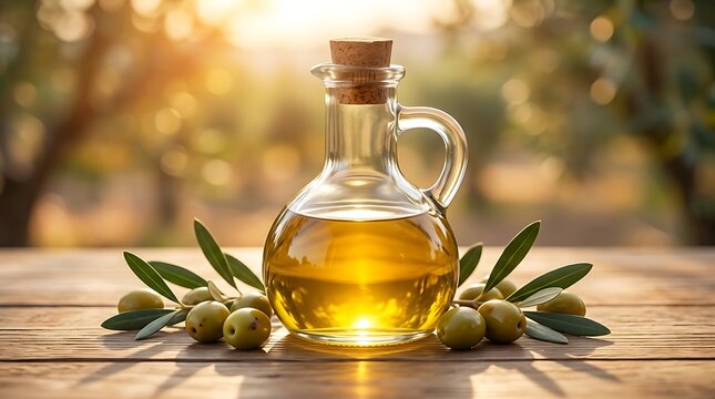 Minyak Zaitun Extra Virgin Premium dalam Karafe dengan Zaitun Segar dan Daun di Meja Kayu Tersinari Matahari.
