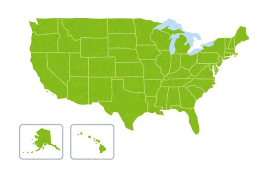 Green textured map of the United States with clearly defined state boundaries and highlighted Great Lakes, including inset views of Alaska and Hawaii, shown from a top-down perspective.