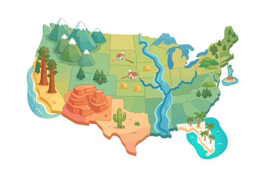 Cartoon-style illustrated map of the United States showing diverse regions with mountains, forests, deserts, rivers, farms, and coastal areas in a colorful, playful design.