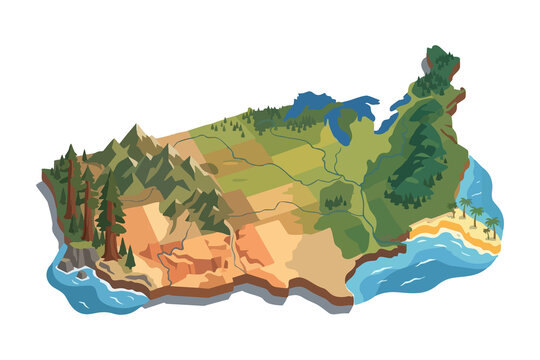 Stylized 3D isometric map of the United States showcasing varied landscapes like mountains, forests, deserts, rivers, plains, and coastlines in a detailed, vibrant illustration.