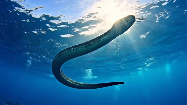 A large serpent swims gracefully through the deep, clear, blue ocean water