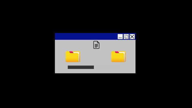retro file transfer window animation with progress bar loading folders on black background,minimal retro computer interface showing file transfer process with classic folders and progress bar. vintage