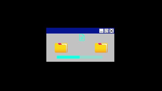 retro file transfer window animation with progress bar loading folders on black background,minimal retro computer interface showing file transfer process with classic folders and progress bar. vintage