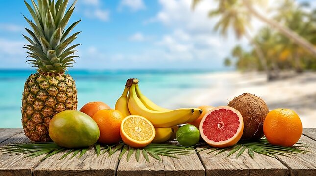 Buah Tropis Penuh Warna di Meja Kayu dengan Latar Belakang Pantai Eksotis